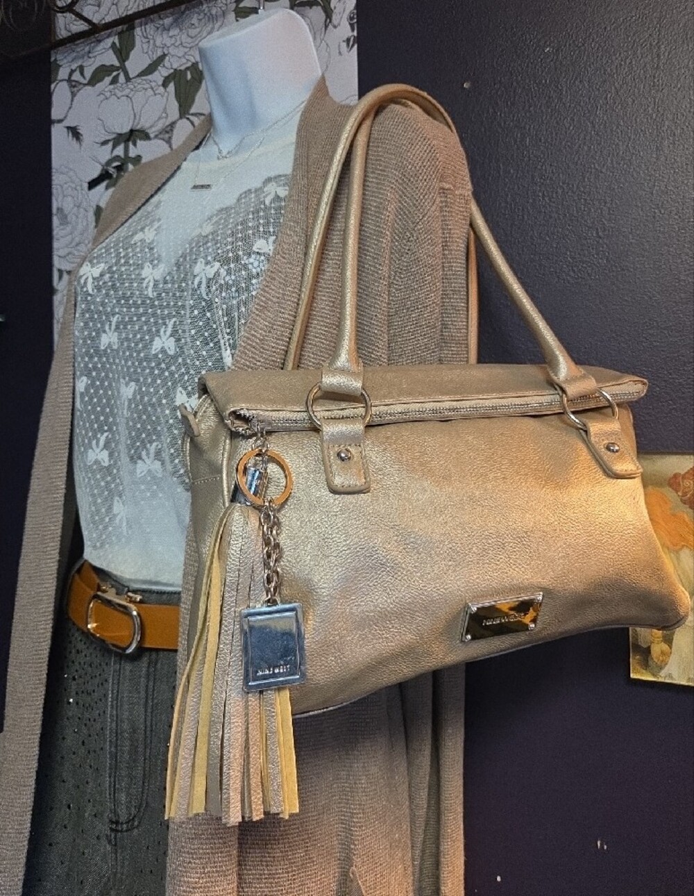Metallic Gold Foldover Shoulder Satchel With Metal Bag Charms- Nine West